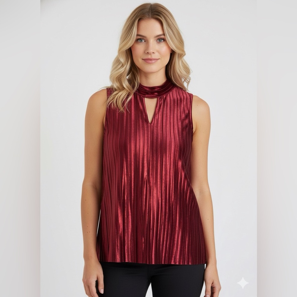 Ruby Red Metallic Sleeveless Top with Cutout Detail